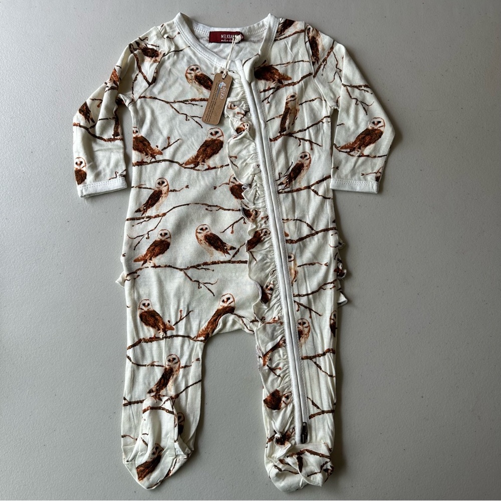 MilkBarn owl onesie footie with ruffle back